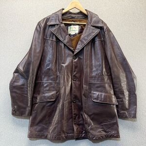 Vintage 70s Gino Leathers Genuine Leather Coat Men's 42 Brown Faux Fur Lined